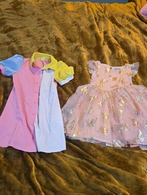 Girls Colorblock Button Dress & Pink Butterfly Tulle Dress